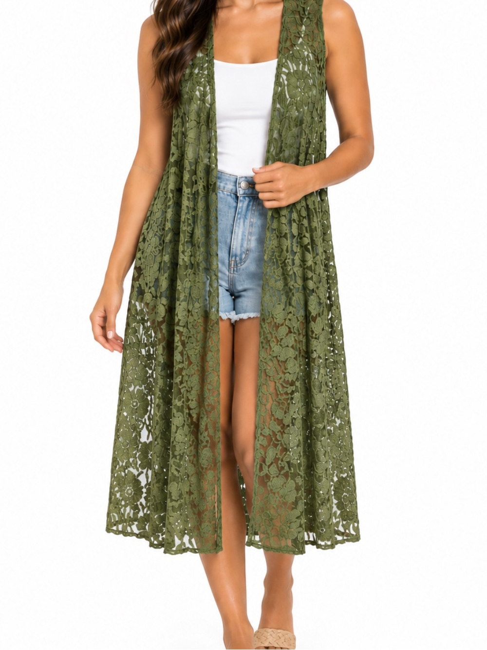 LuLaRoe Green Lace Long Sleeveless Duster Kimono Cover Up Size XS